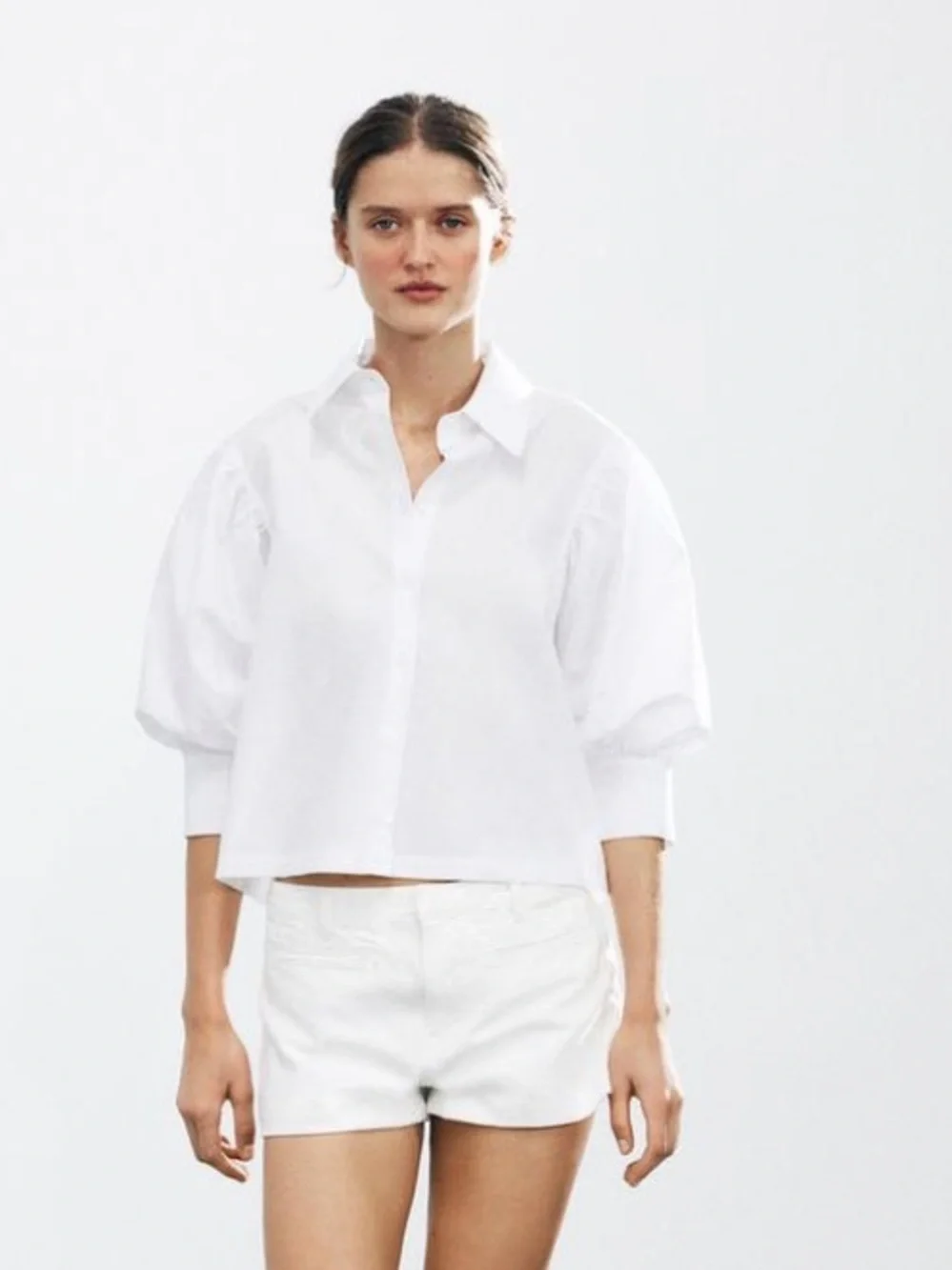 Zara NWT 2731/082 white Poplin Puff Sleeve Button-Up Shirt XS